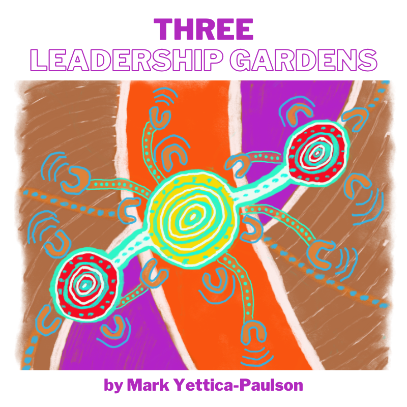 Three Leadership Gardens is an original Indigenous Australian artwork and leadership framework by Mark Yettica-Paulson. It has 3 circle shapes, the centre circle is yellow and the 2 outside circles are red, one for the Settler Leaders and the other red circle for Australian First Nations Leaders. These circles are connected by dots and series of horse shoe shapes around the circle shapes. The background colours are purple, red and brown.